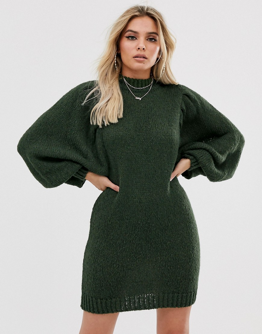 Asos Design Mini Sweater Dress In Lofty Yarn With Volume Sleeve-green