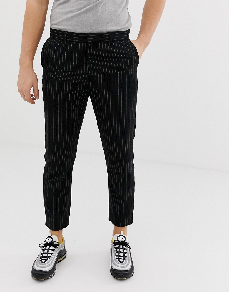 Bershka slim cropped trousers with pinstripe in black