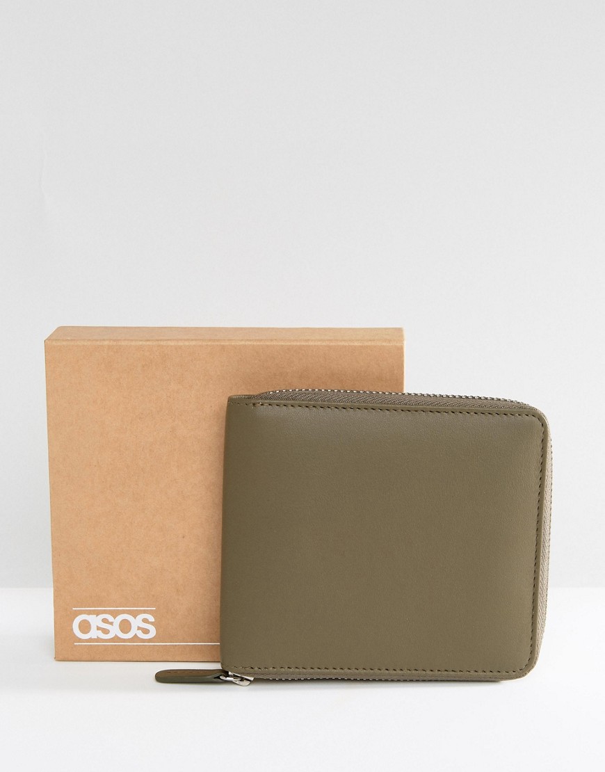Большой кожаный кошелек цвета хаки на молнии ASOS - Зеленый ASOS DESIGN 