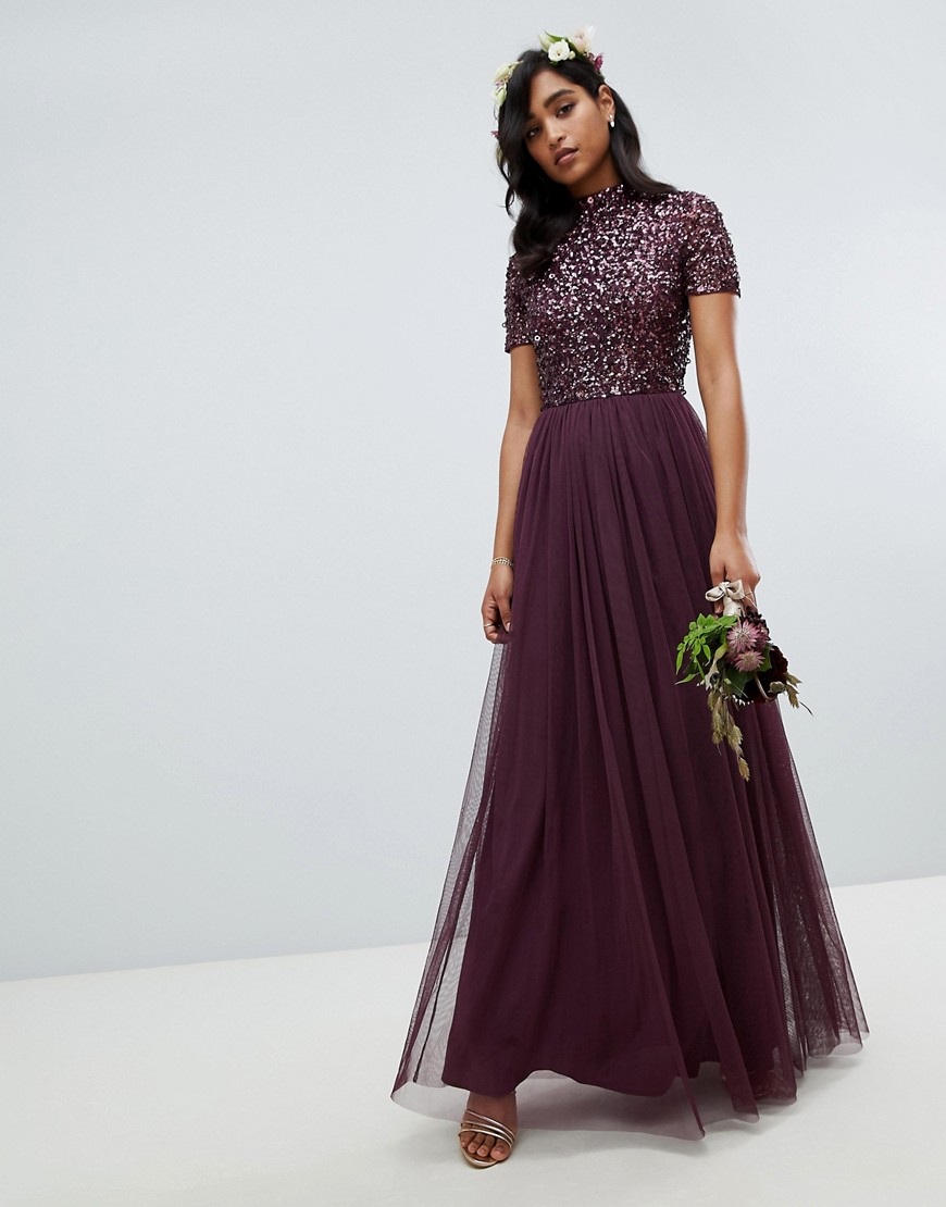 Maya high neck maxi tulle dress with tonal delicate sequins in berry - Berry