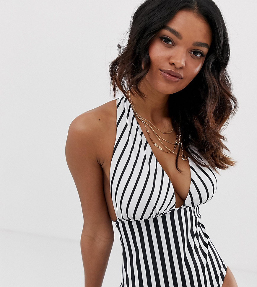 ASOS DESIGN fuller bust exclusive v front swimsuit in mixed mono stripe print
