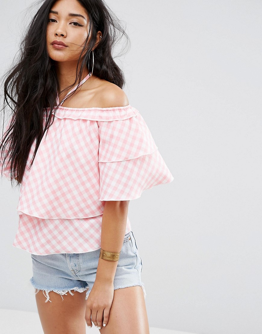 Missguided Off The Shoulder Gingham Ruffle Top - Bright pink