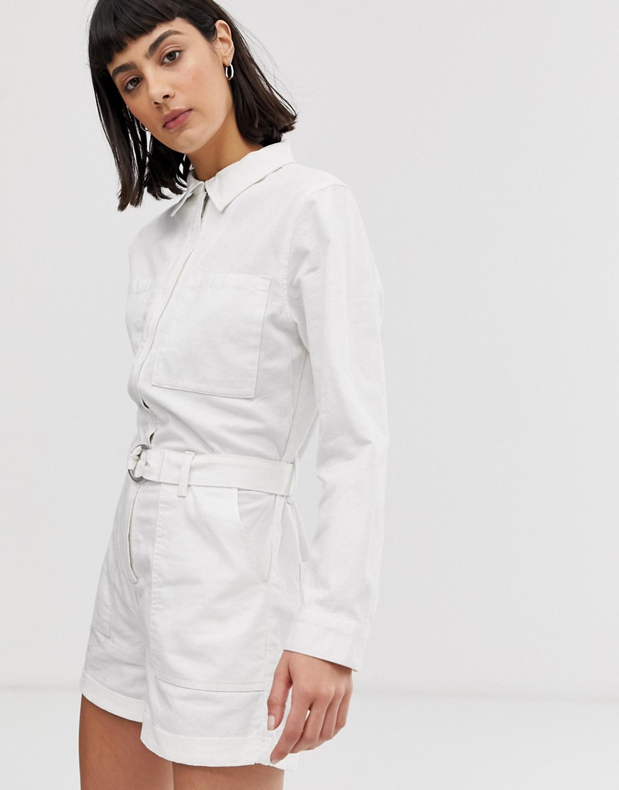 Weekday belted boiler playsuit with pockets in white