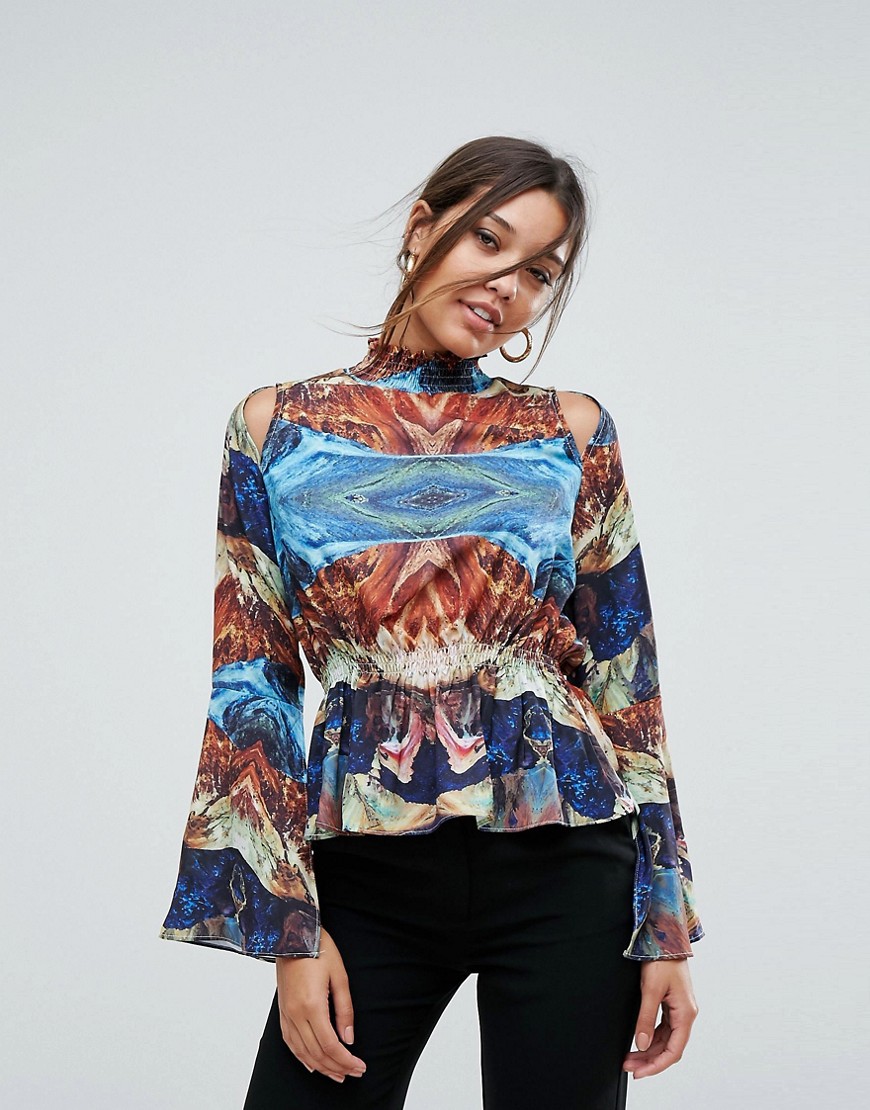 Aeryne High Neck Printed Top With Fluted Sleeve