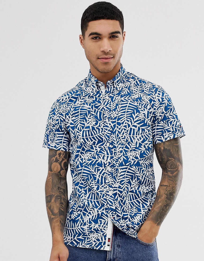 Tommy Hilfiger leaf print short sleeve buttondown shirt slim fit in blue