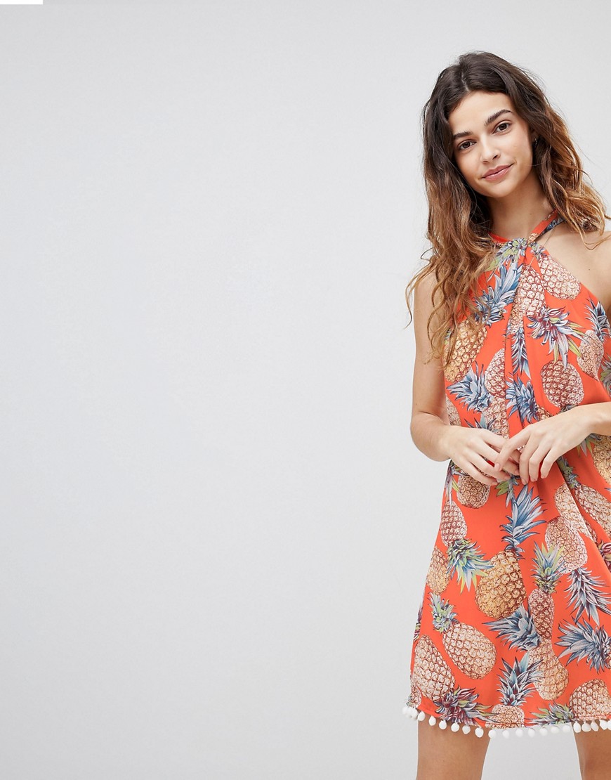 Crescent Pineapple Print Halter Dress With Pom Pom Hem - Coral