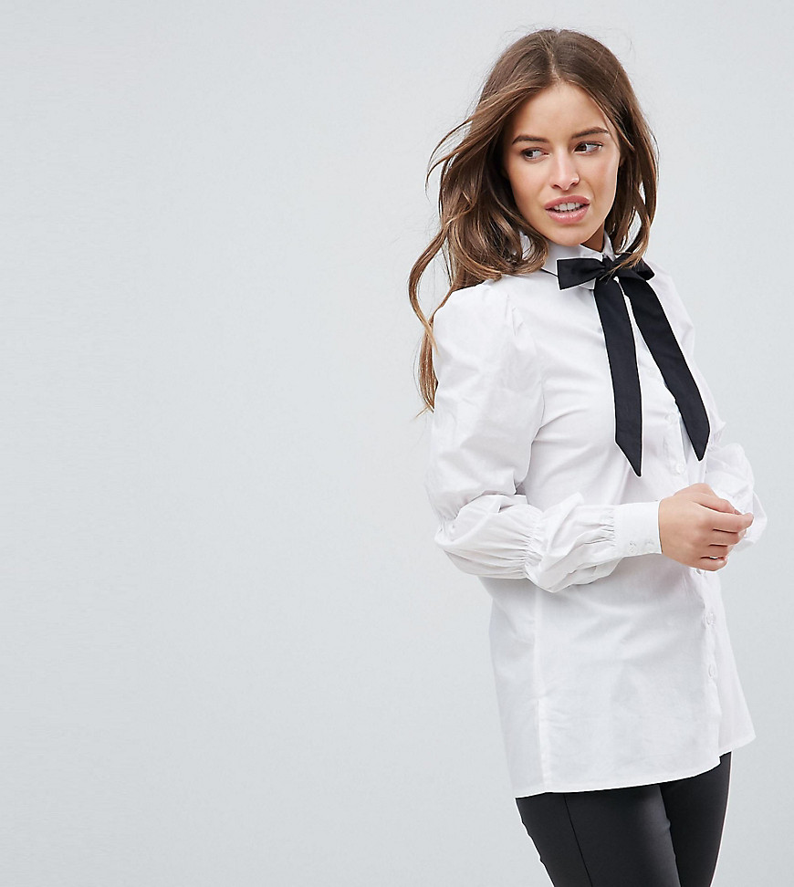 Parisian Petite Shirt With Ruched Sleeve And Contrast Tie Neck - White