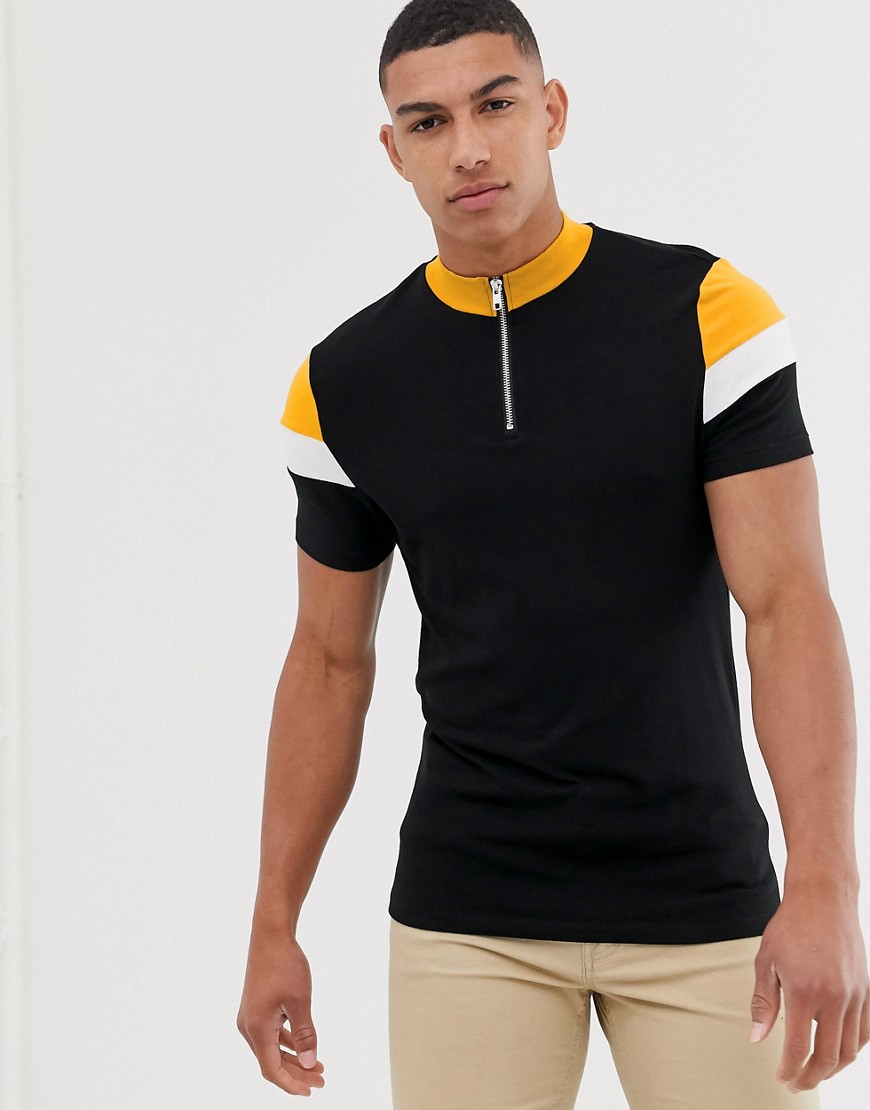 ASOS DESIGN organic skinny t-shirt with turtle zip neck and contrast sleeves in black