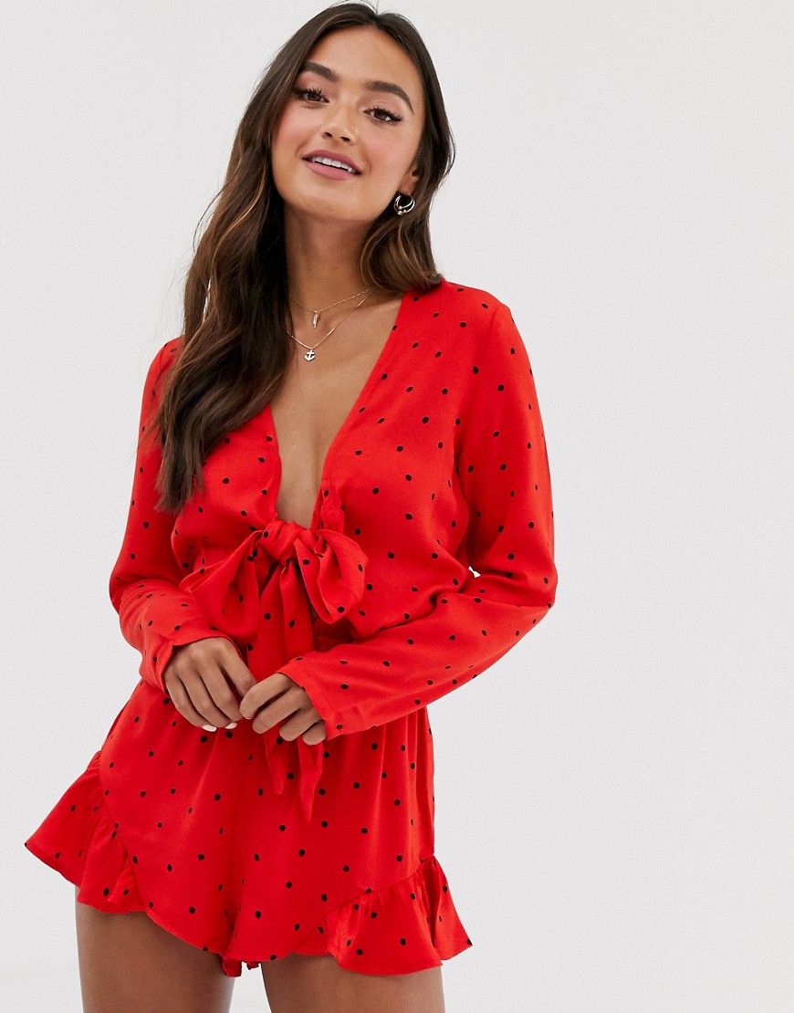 Glamorous tie front playsuit in polka dot