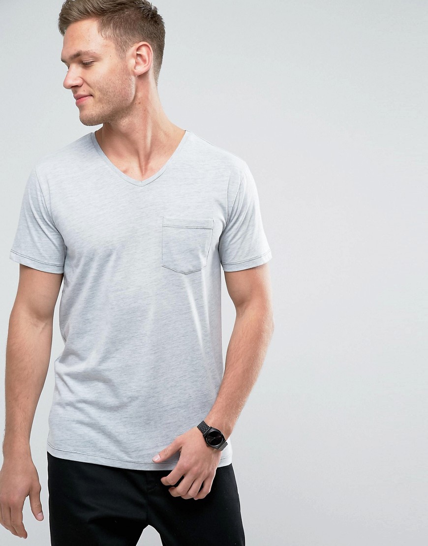 Redefined Rebel V-Neck Pocket T-Shirt In Marl - Dk olive