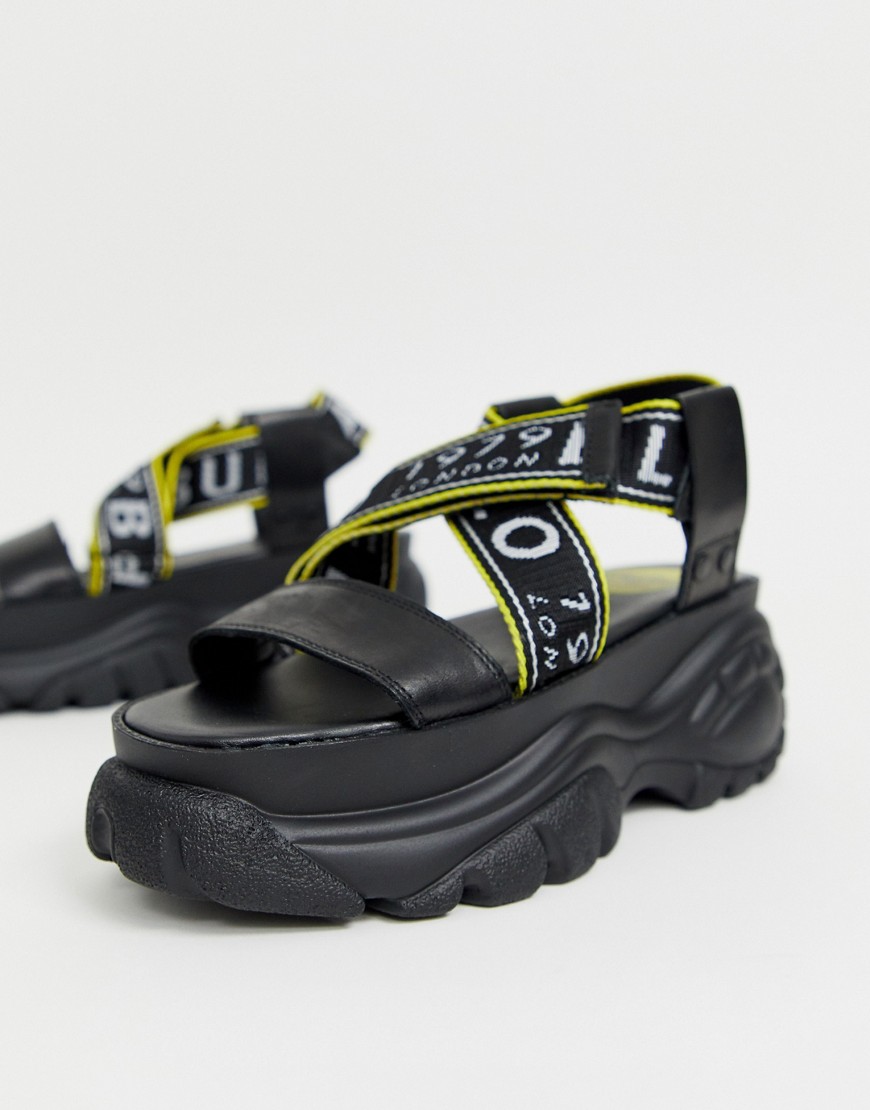 Buffalo London Bo chunky flatform logo sandals in black