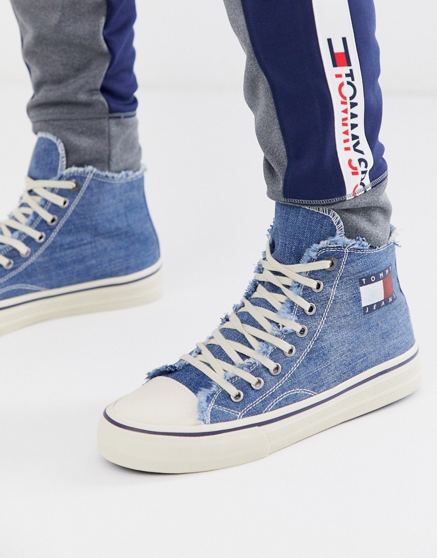 Tommy Jeans flag logo denim canvas raw edge hightop trainers in blue