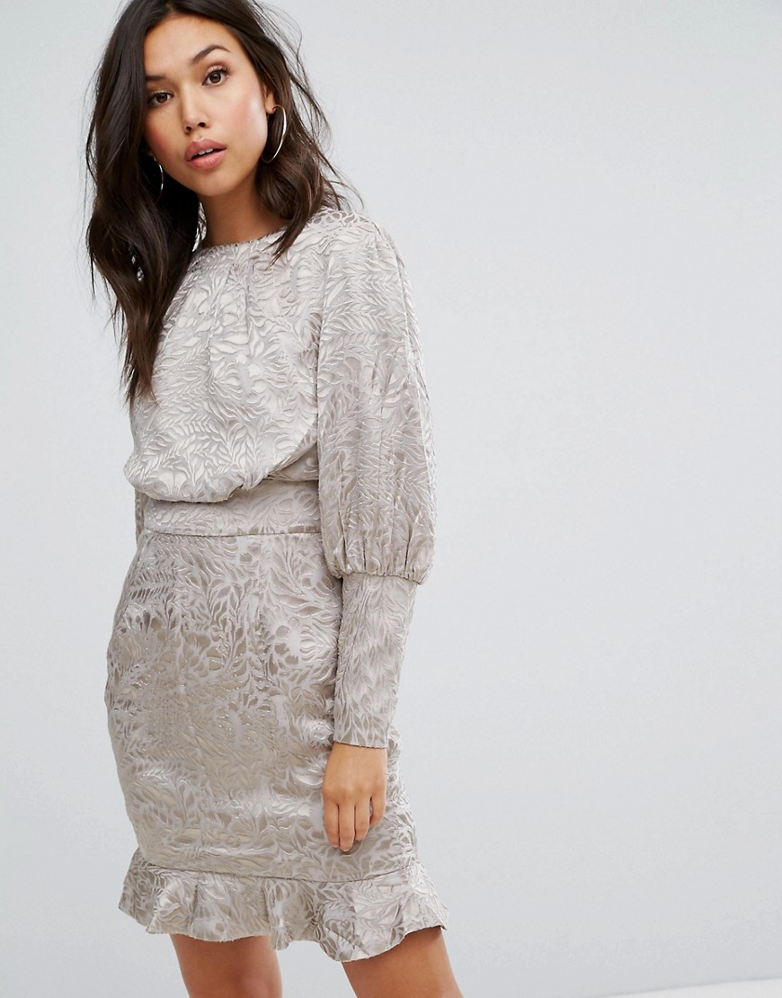 Misha Collection Mini Dress With Blouson Sleeve In Burnout - Silver nude