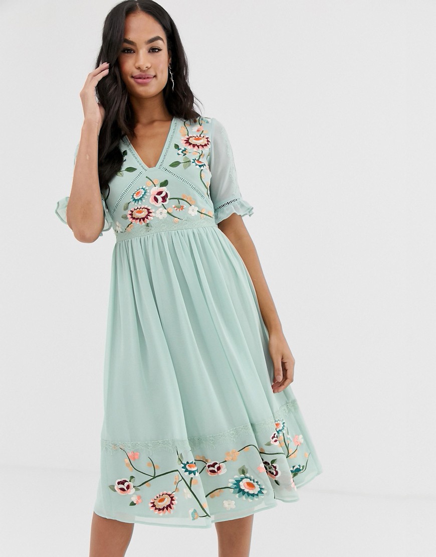 Asos Design Embroidered Midi Dress With Lace Trims In Sage Green