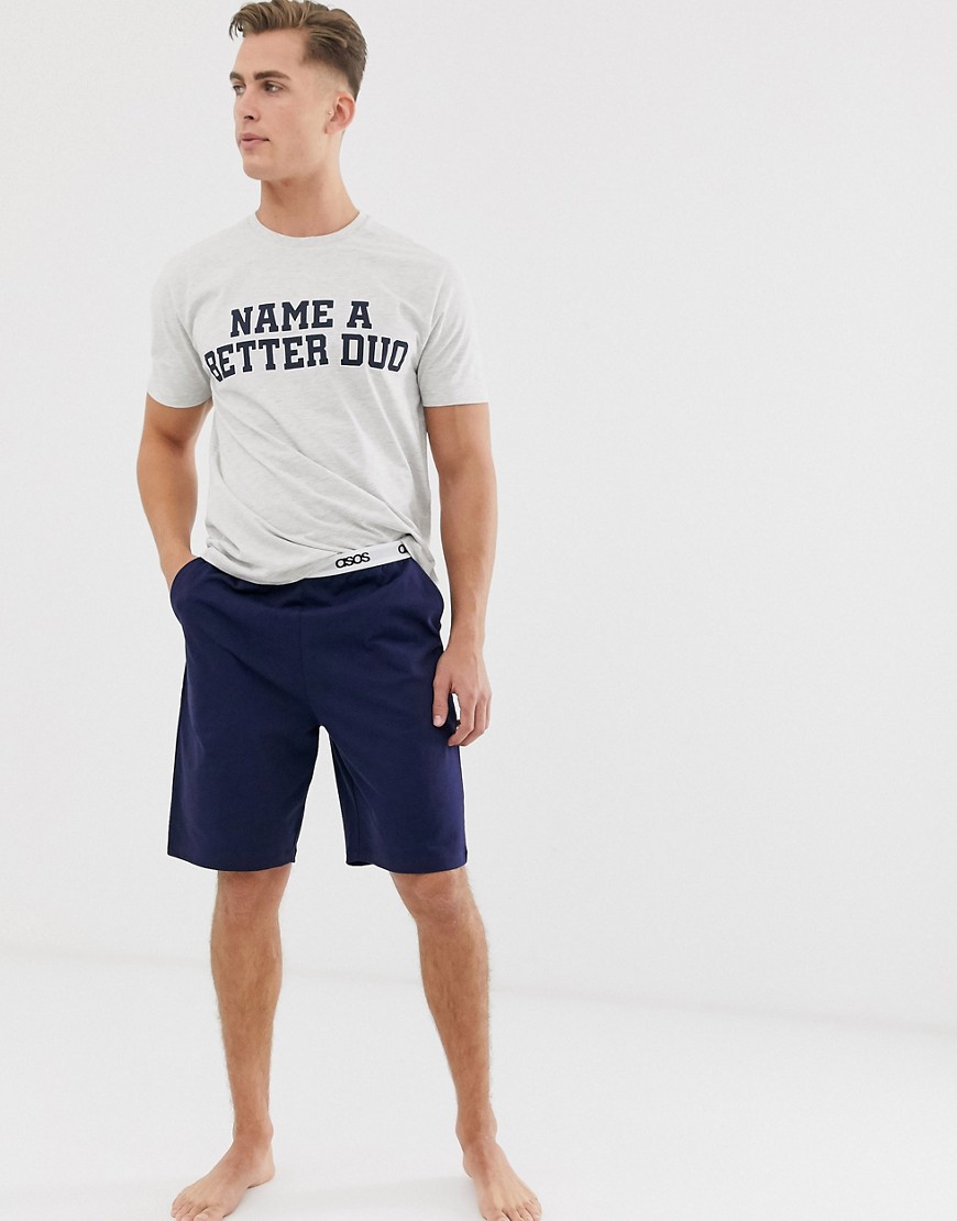 ASOS DESIGN lounge short and tshirt pyjama set with 'name a better duo' slogan