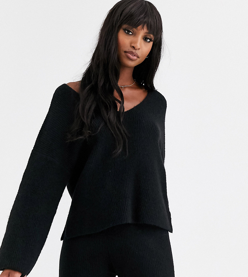 ASOS DESIGN Tall fluffy v neck ribbed jumper with balloon sleeve in recycled blend