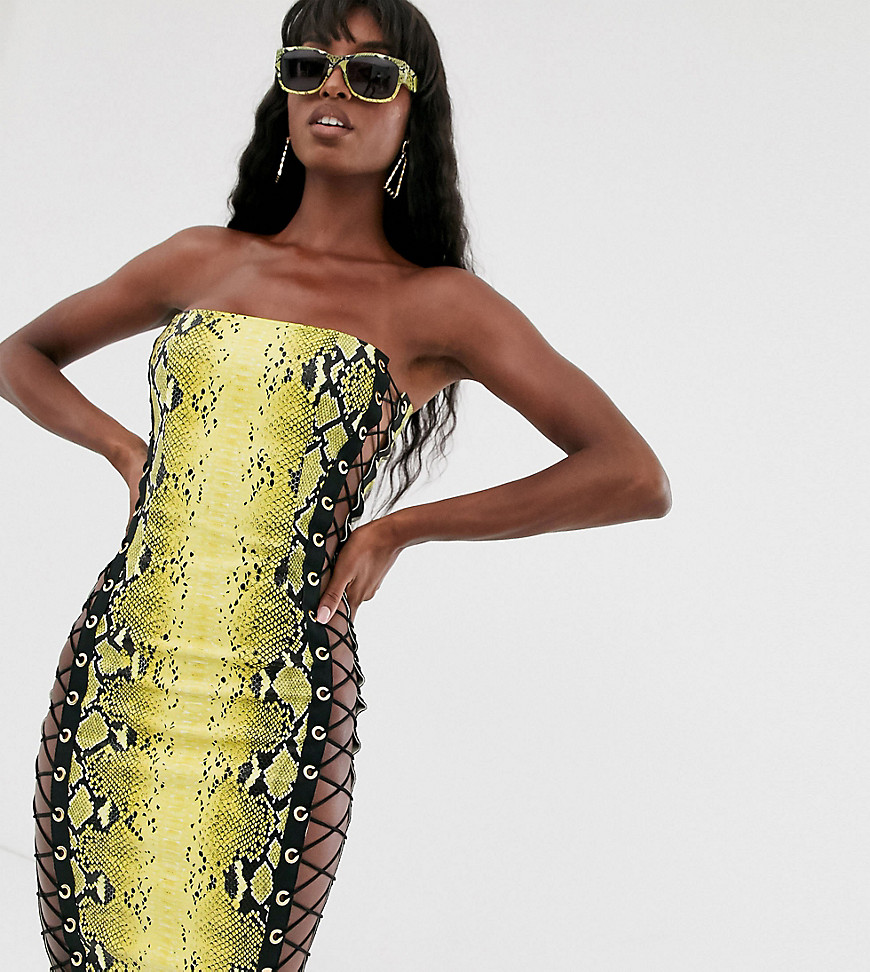 TTYA bandeau lace up side pencil dress in yellow snake