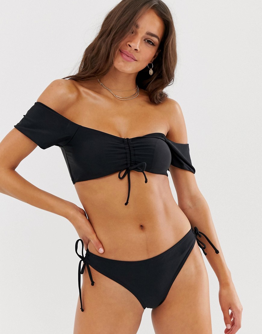 Oasis bardot bikini top with tie front in black