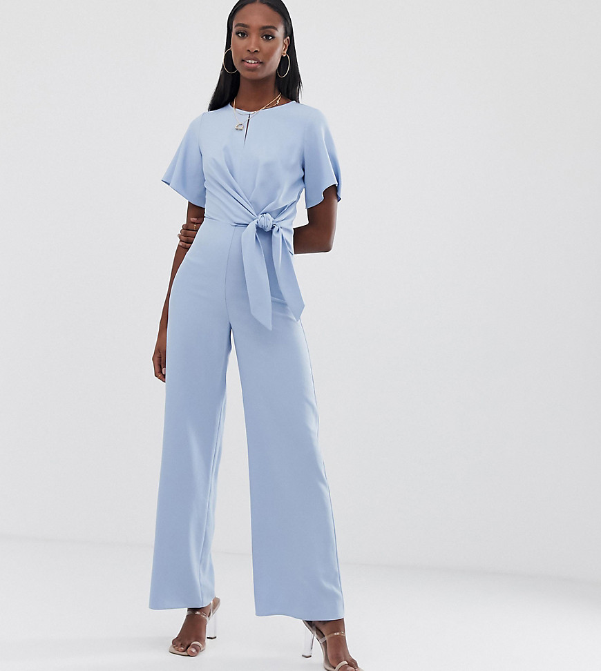 Missguided Tall tie detail jumpsuit in blue