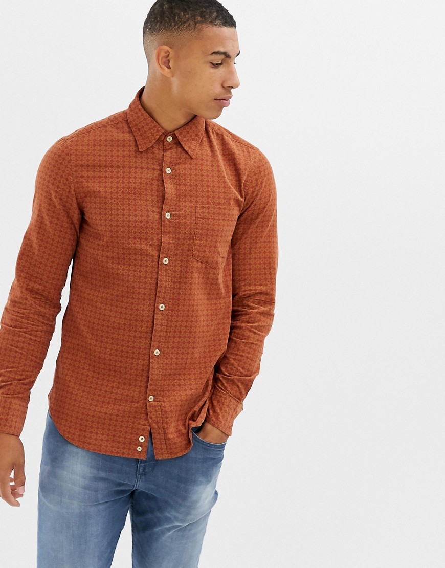 United Colors Of Benetton slim fit cord shirt with check print in brown