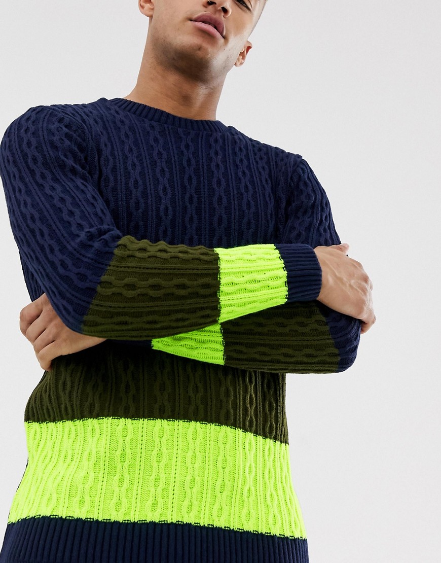 ASOS DESIGN oversized cable knit jumper with neon panel