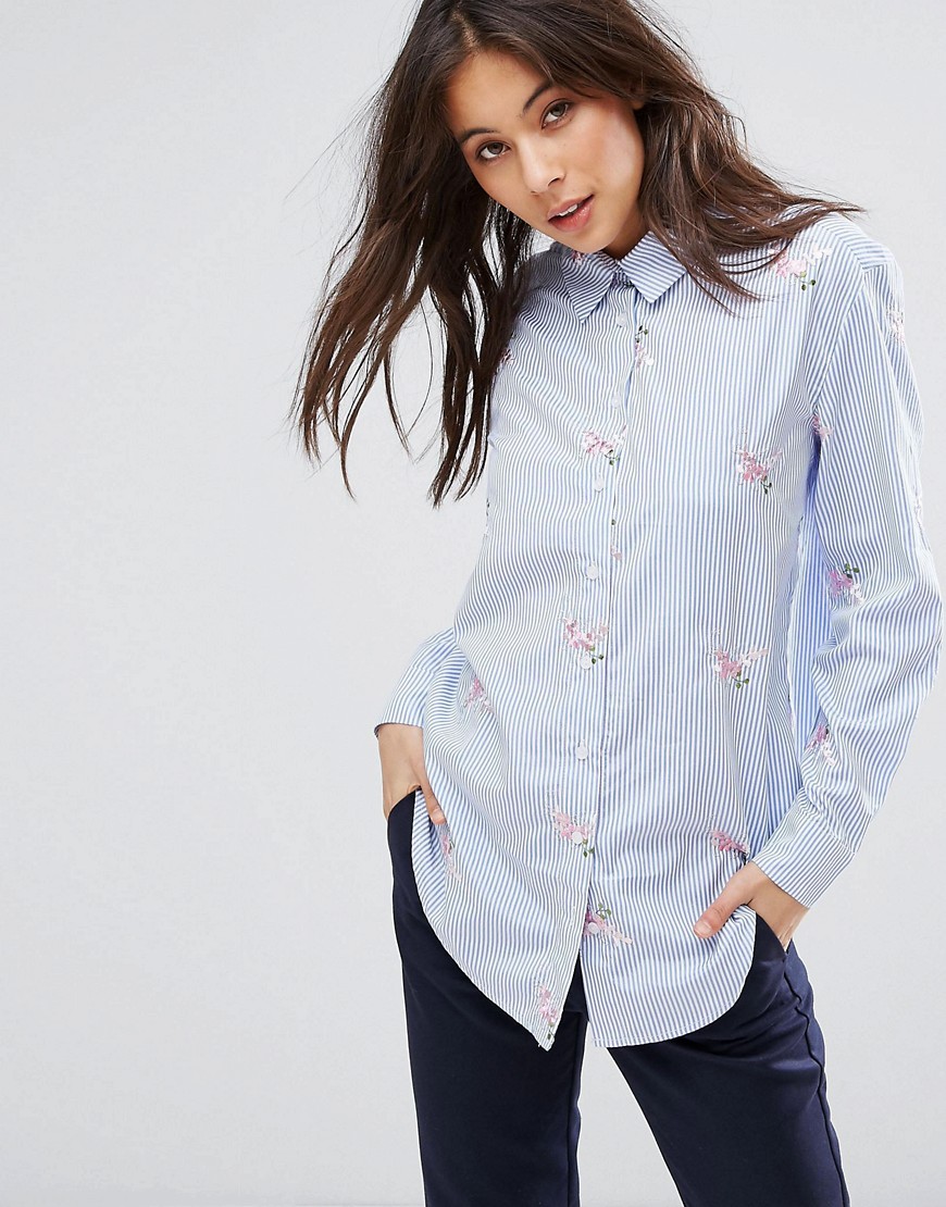 Rd & Koko Longline Shirt With Floral Embroidery - Blue