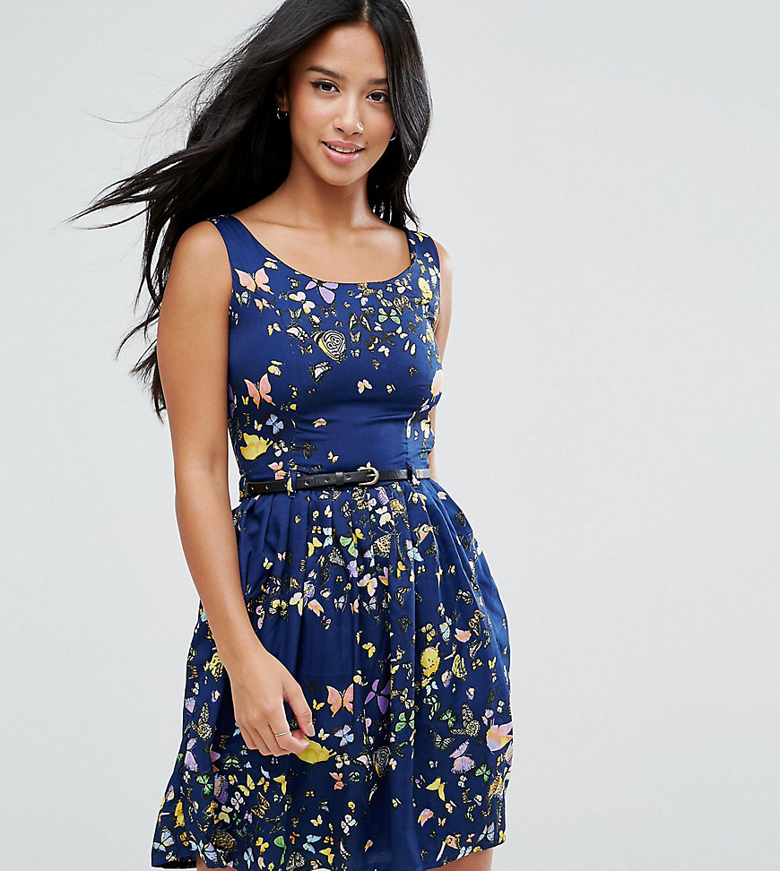 Yumi Petite Belted Skater Dress in Butterfly Print - Navy