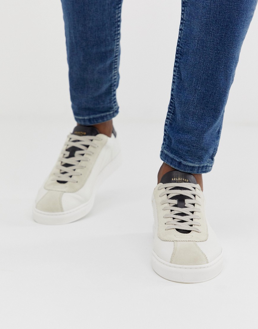 Selected Homme leather mix trainers in white