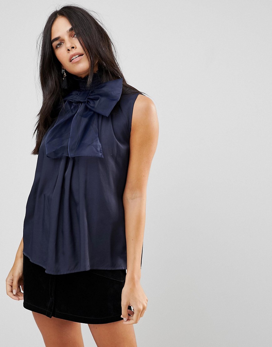 Traffic People High Neck Chiffon Top With Bow Detail