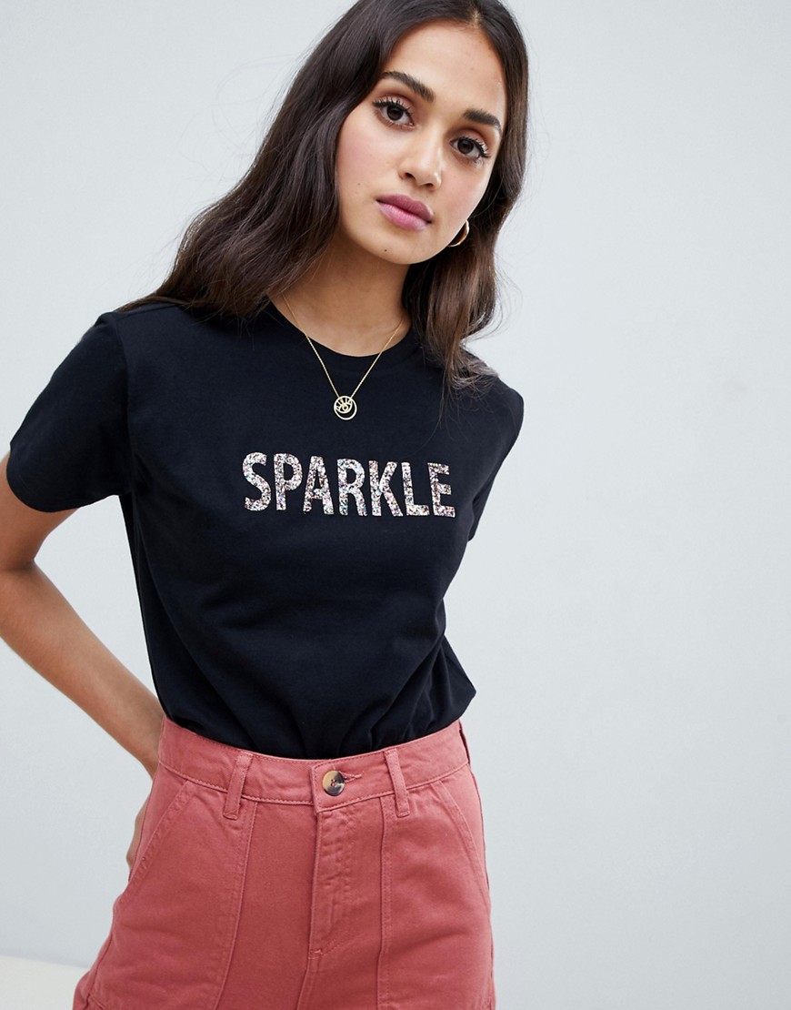 Asos Design T-shirt With Glitter Sparkle Slogan - Black | ModeSens