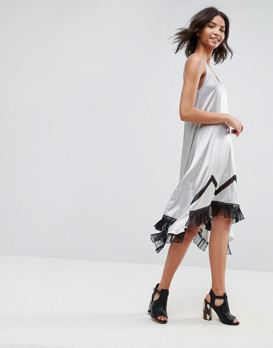 To Be Adored Ada Silk Asymmetric Slip Dress with Lace Hem - Silver