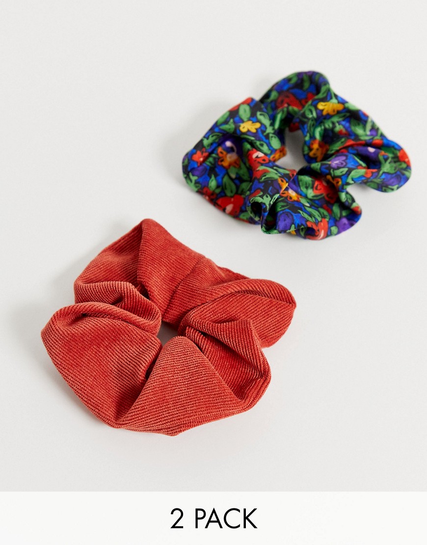 Monki 2-pack scrunshies in red and blue flower print