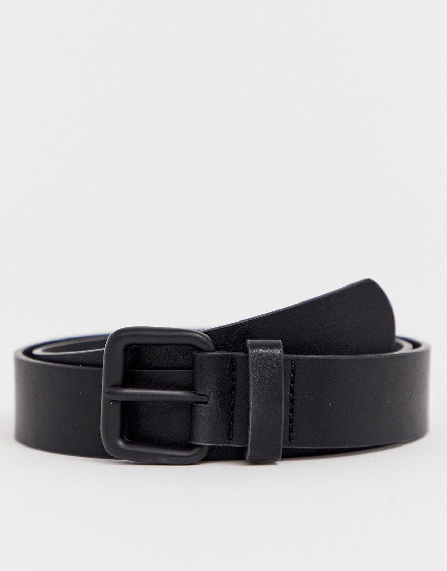 ASOS DESIGN faux leather slim belt in black with matte black buckle