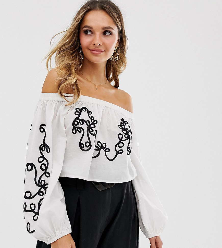 Violet Skye embroidered off shoulder top with balloon sleeves in cream