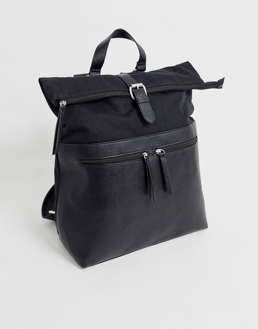 ASOS DESIGN backpack in black with faux leather front double pockets