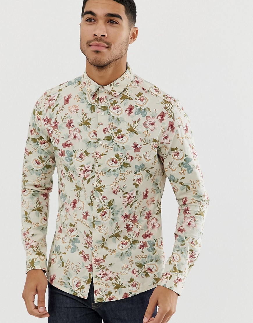 ASOS DESIGN skinny fit floral shirt in ecru
