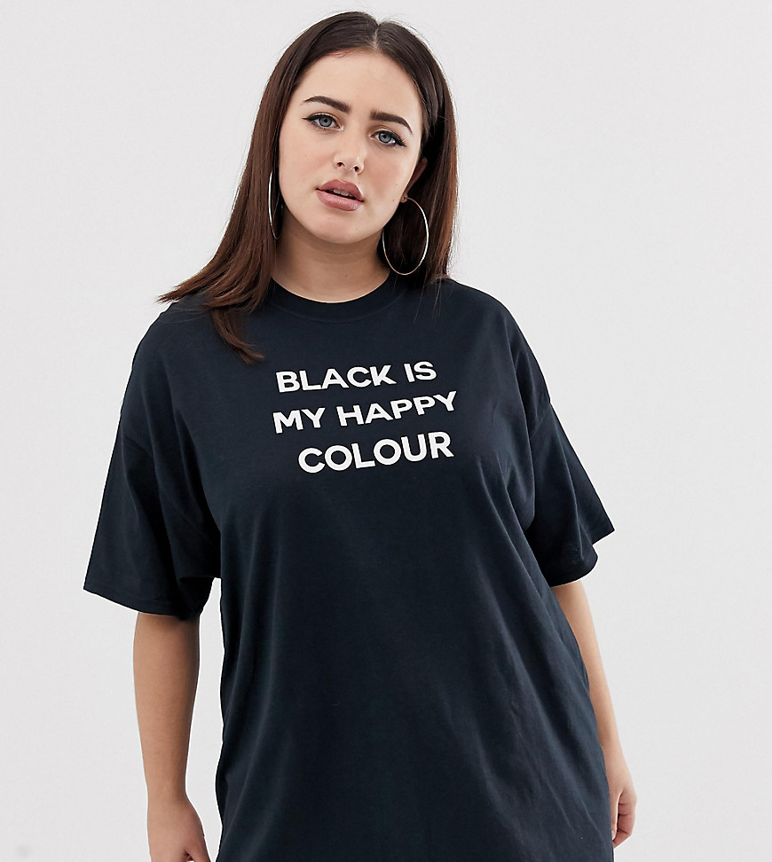 PrettyLittleThing Plus black is my happy colour slogan t-shirt in black