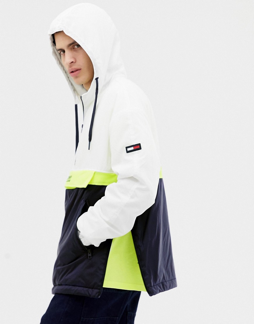 Tommy Jeans overhead colourblock hooded jacket with chest logo in white/yellow/navy