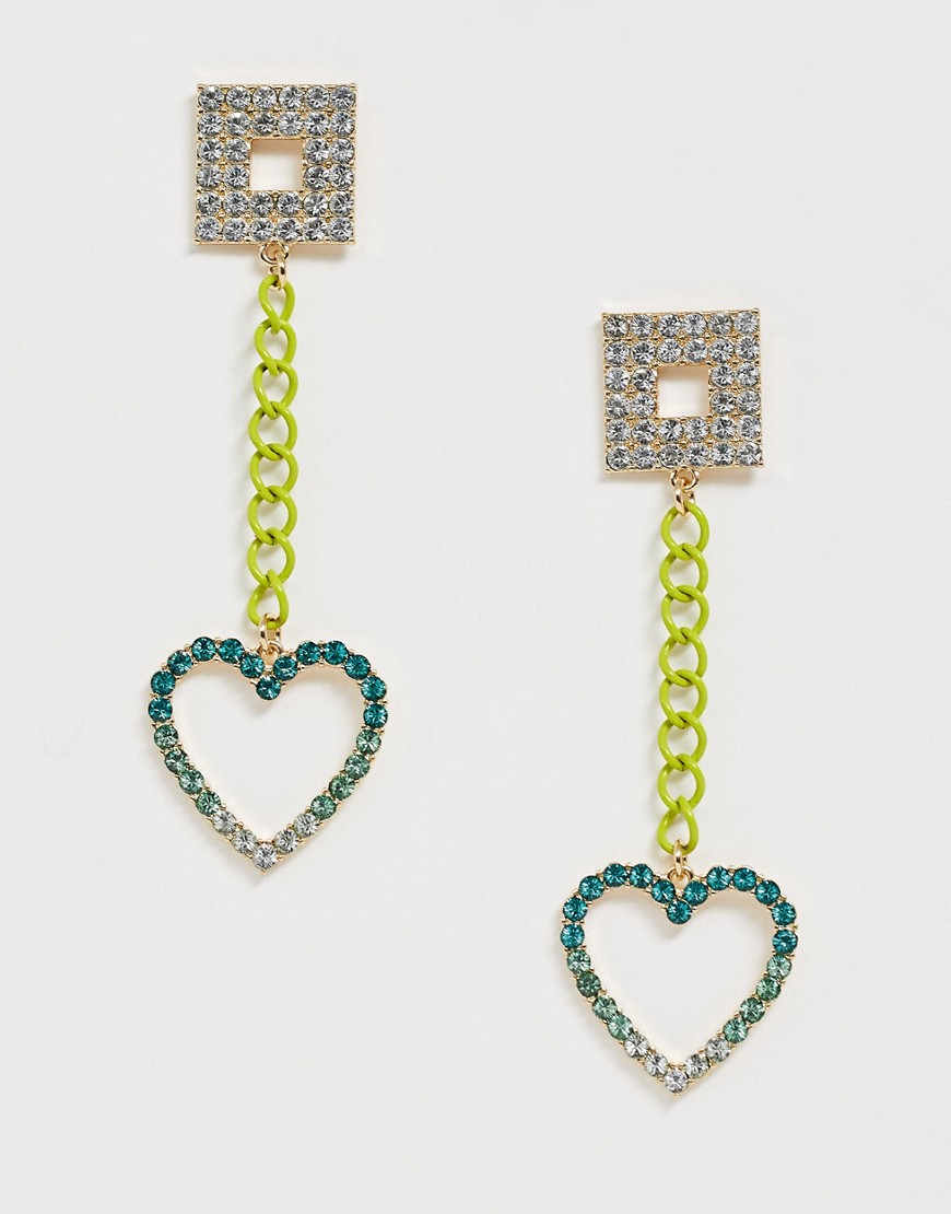 Asos Design Earrings With Color Pop Chain And Crystal Heart Drop-multi