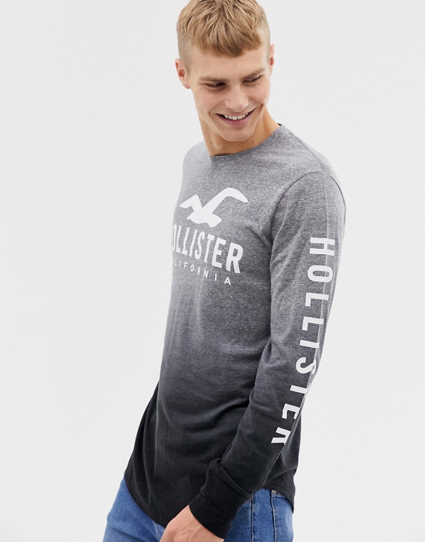 Hollister chest and sleeve logo dip dye long sleeve top in grey marl to black