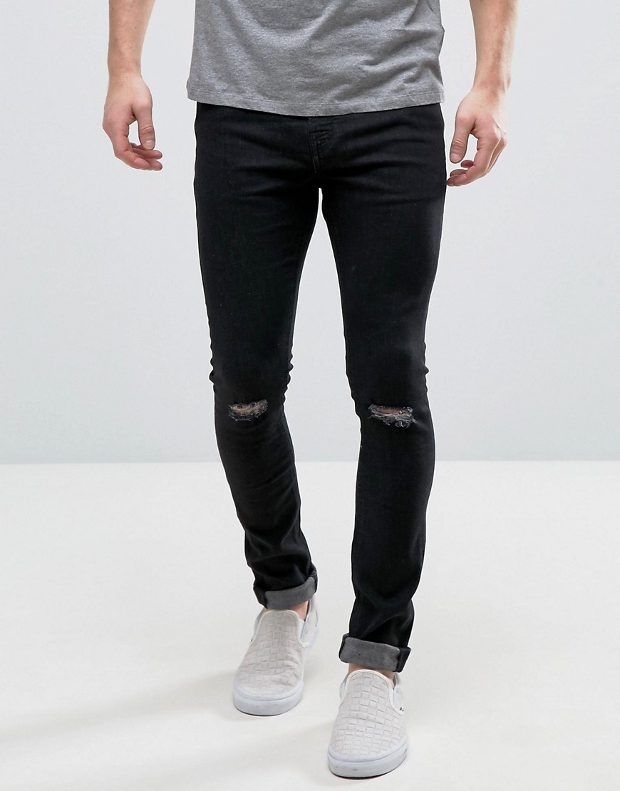 Hoxton Denim Super Skinny Black Jeans with Knee Rip - Black
