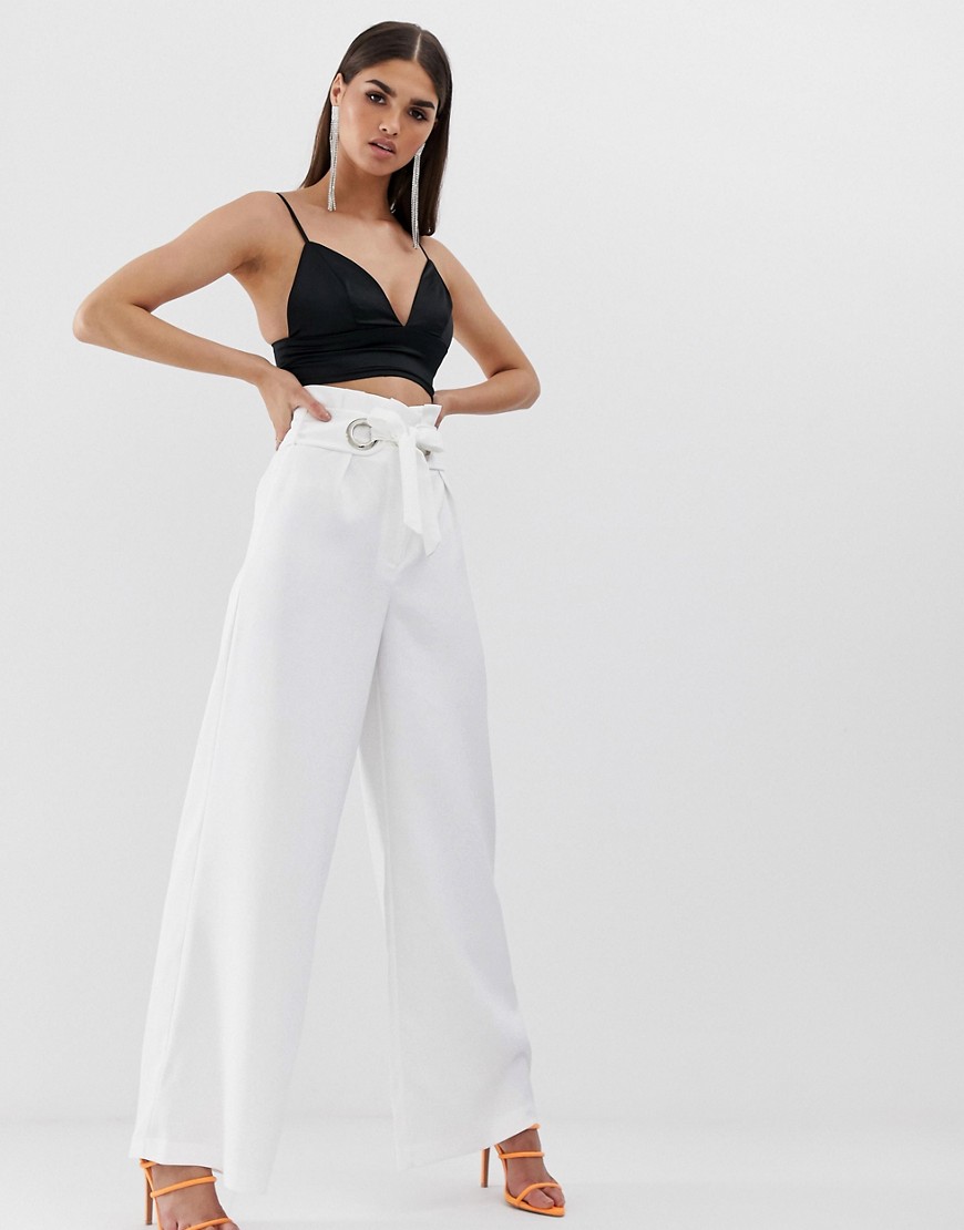 Lavish Alice wide leg tailored trousers with eyelet belt in white