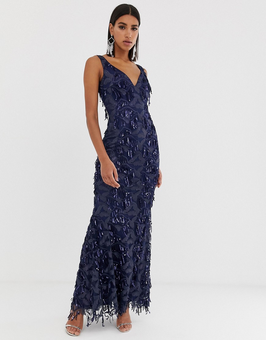 Goddiva plunge maxi dress with fringed sequin in navy