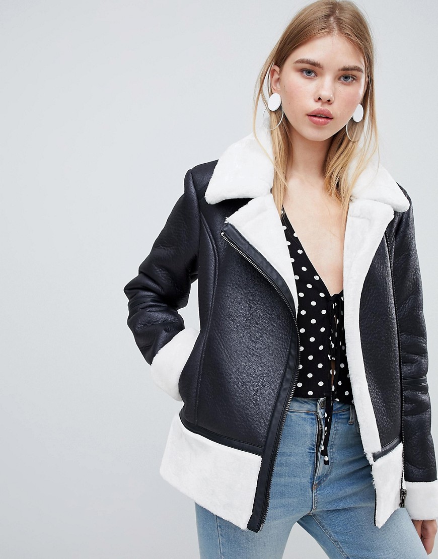 Urban Bliss Leather Look Jacket with Faux Fur Internal - Black