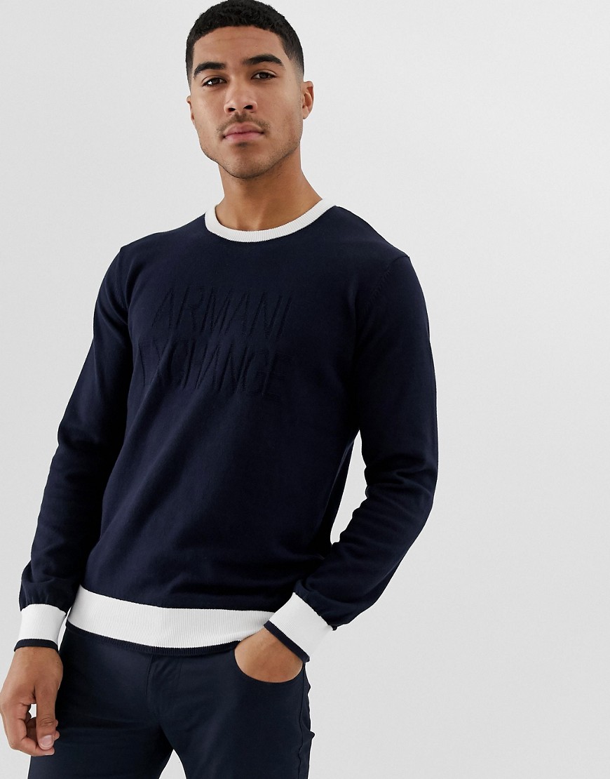 Armani Exchange logo contrast neck knitted jumper in navy