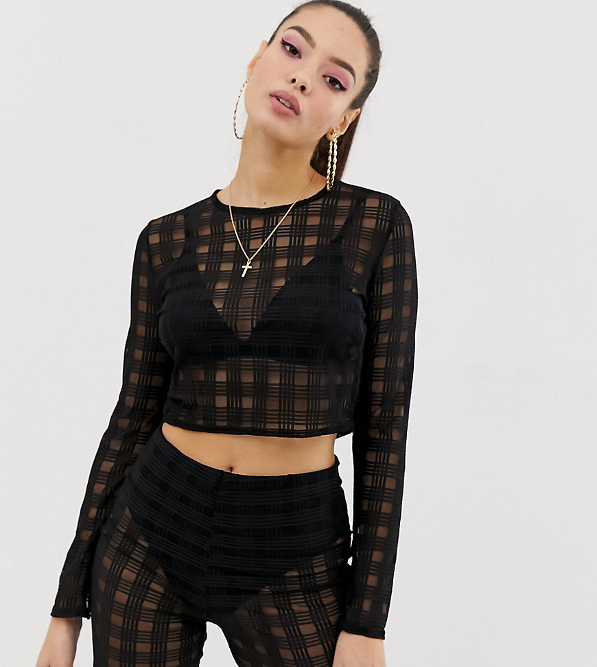 Missguided check mesh co ord crop top in black