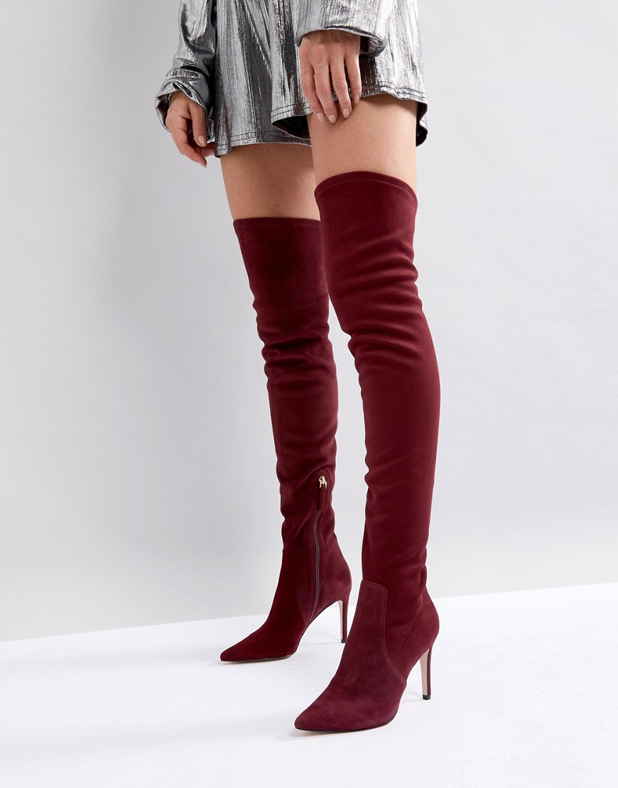 Dune London Pull On Over The Knee Suede Boot in Berry - Burgundy