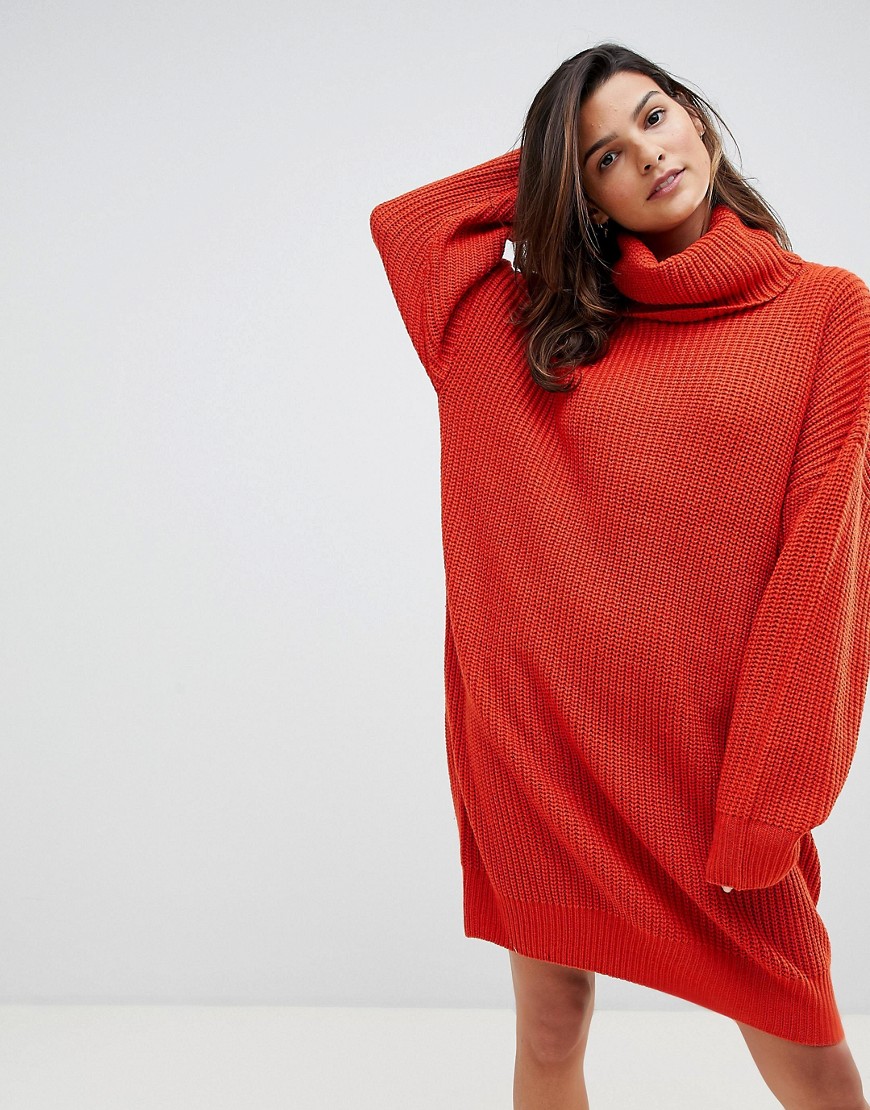 Micha Lounge Knitted Jumper Dress With Oversized Funnel Neck - Burnt orange