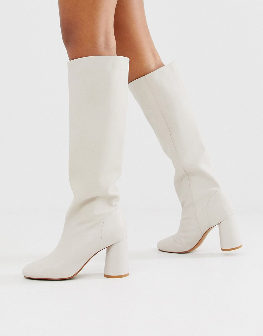 & Other Stories tall leather boots with round heels in off white