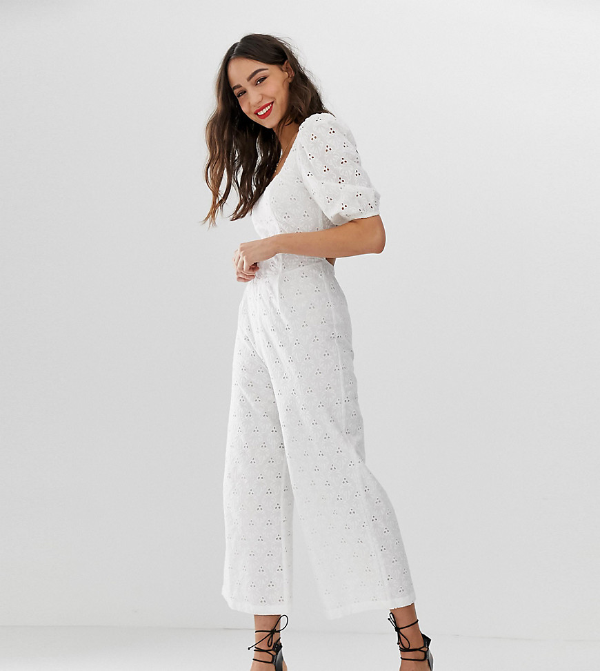 ASOS DESIGN tall square neck puff sleeve jumpsuit in broderie